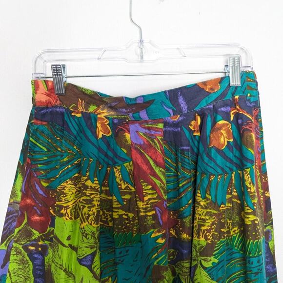 Vintage Green Tropical Jungle Palm Leaves Pattern Silk Maxi Skirt Elastic Waist - Picture 5 of 9